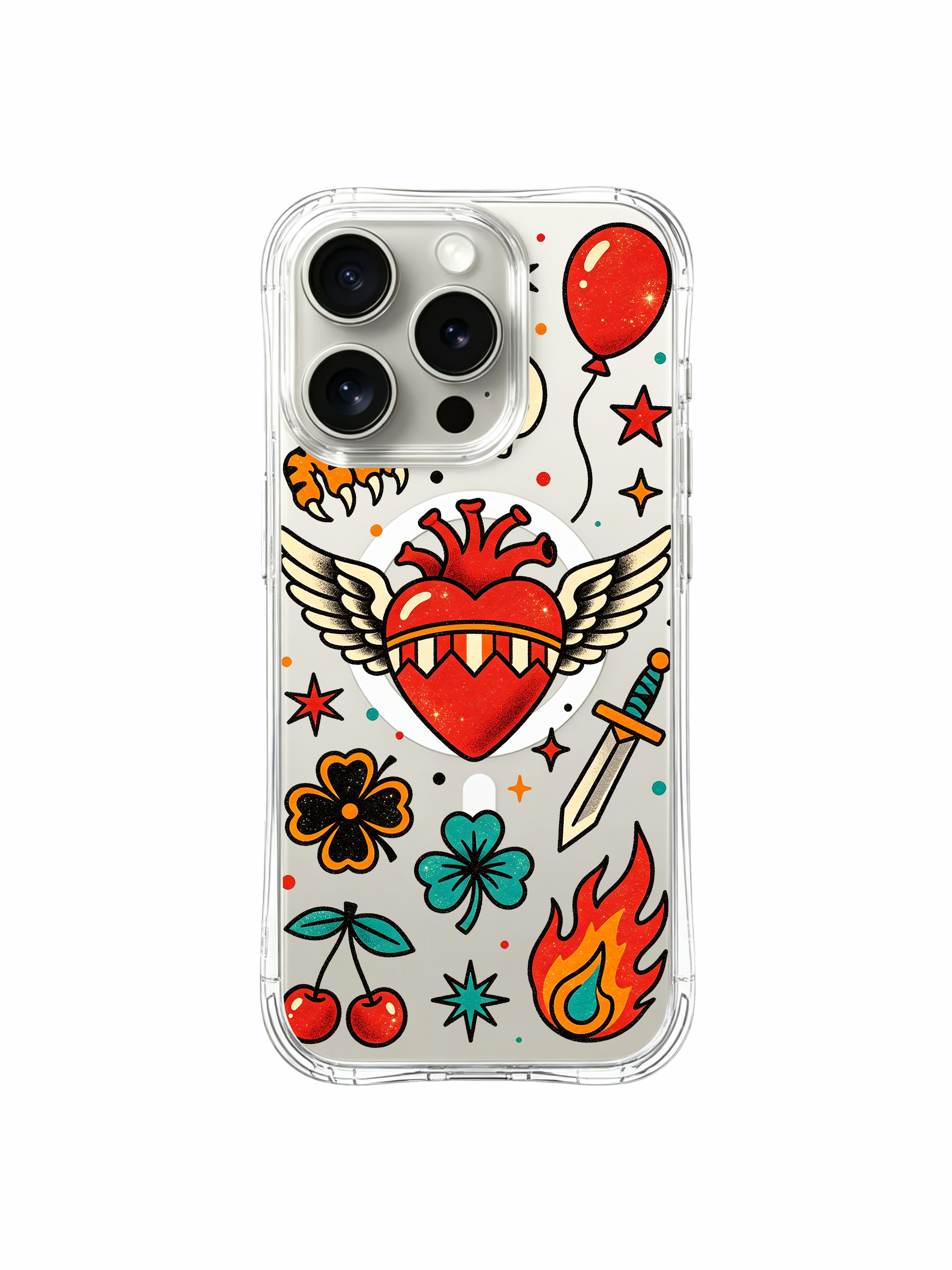 PhoneCasing iPhone 15 pro Case clustered three-point orange stars, top mini red balloon detail, oldschool winged heart wrapped with red rose, USA manufactured durable art iPhone 15 pro casing.