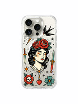 Storm lady with three stars, heart charm and roses artwork on an iPhone 15 Pro case
