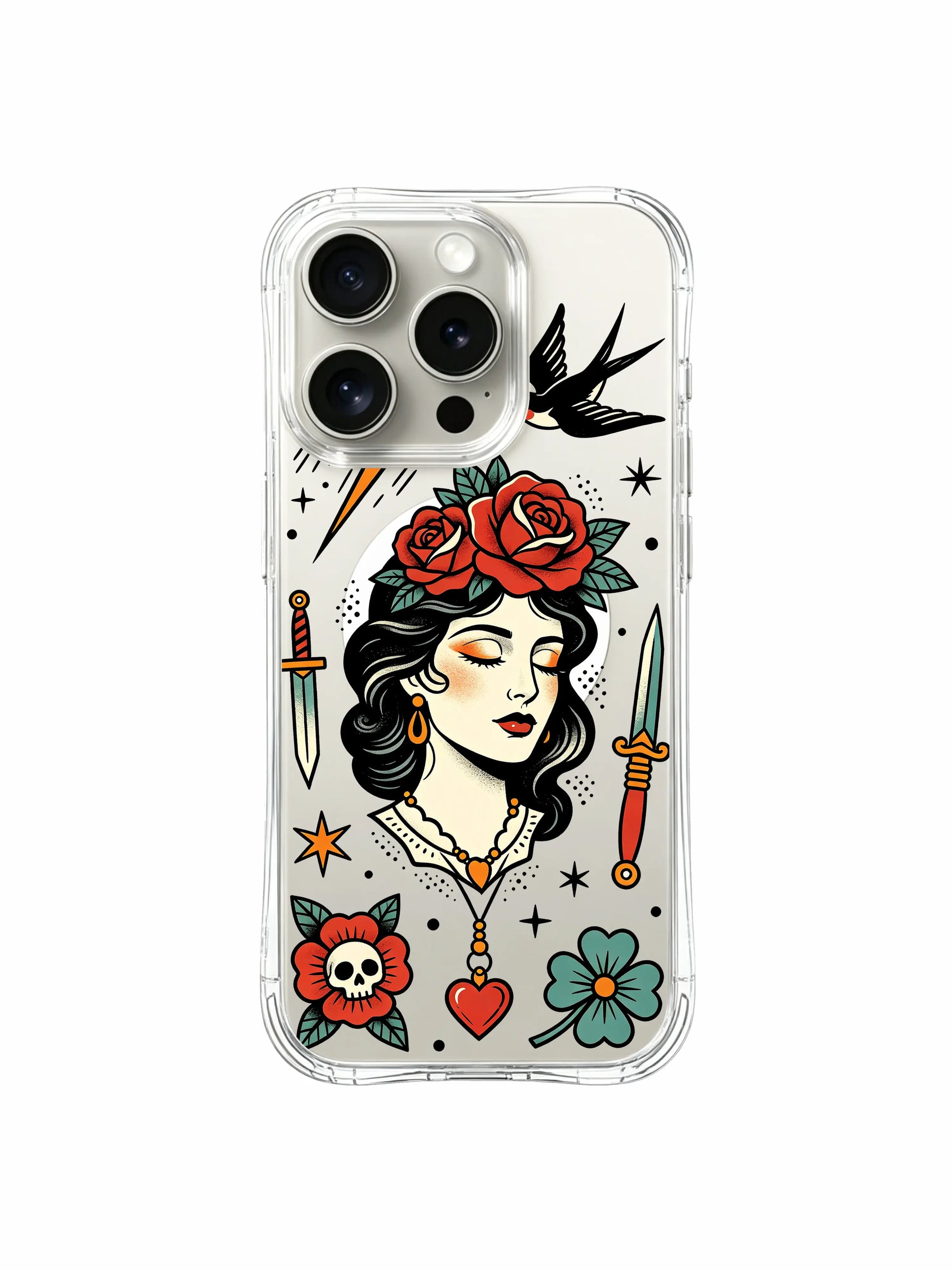 PhoneCasing iPhone 15 pro Case clustered triple star grouping, top mini heart pendant detail, oldschool crowned lady wrapped with red rose foliage, USA manufactured durable art iPhone 15 pro casing.
