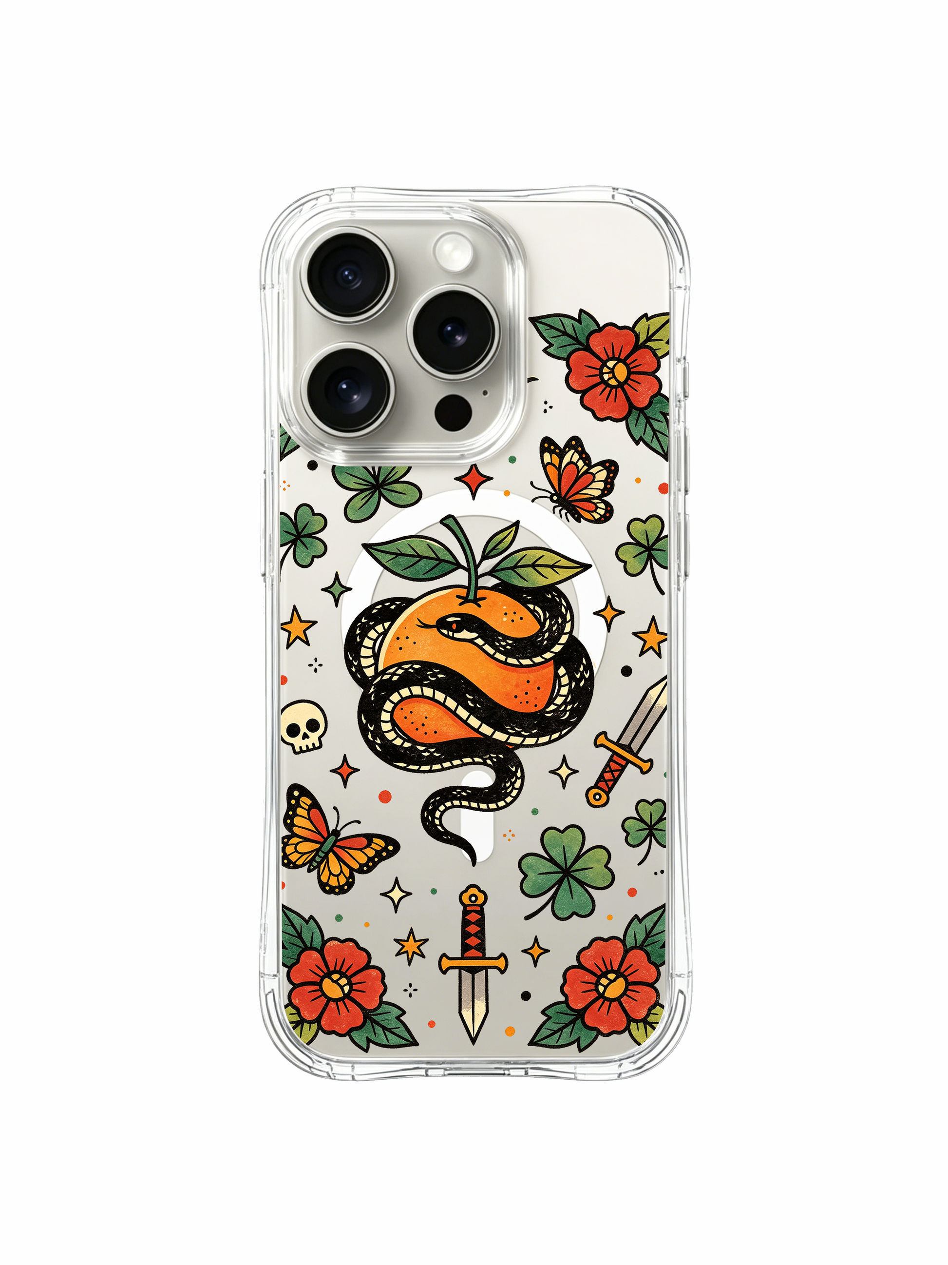 PhoneCasing iPhone 15 pro Case grouped three-point stars, upper small sun icon, single four-leaf clover and classic wrapped fruit serpent, US manufactured durable art iPhone 15 pro casing.