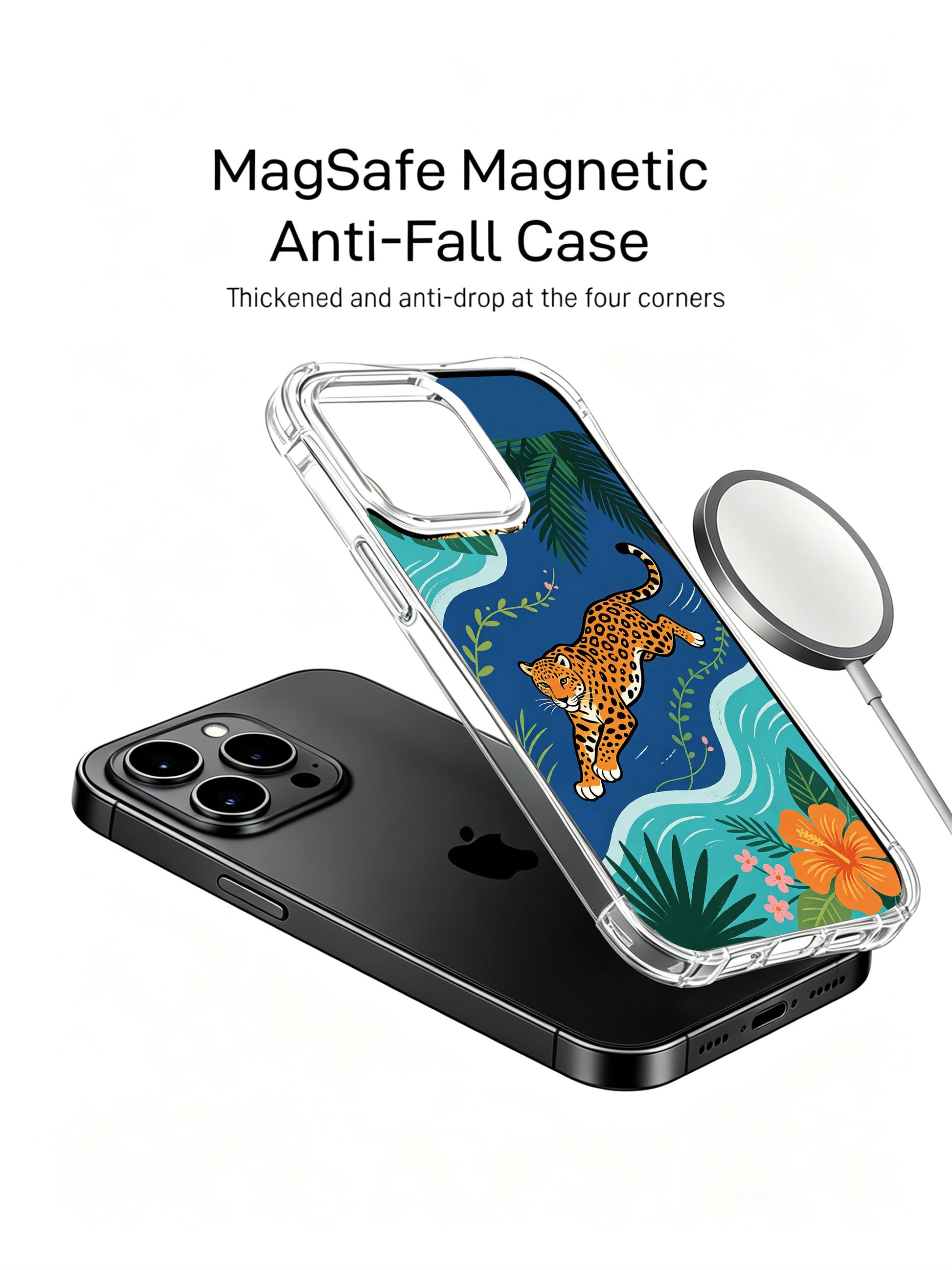 Symbol of freedom & joy wild orange jaguar seaside rainforest iPhone 13 pro Case from PhoneCasing, Elias Nocturne deep navy ocean themed phone cover, cheerful art phone casing for US female art collectors