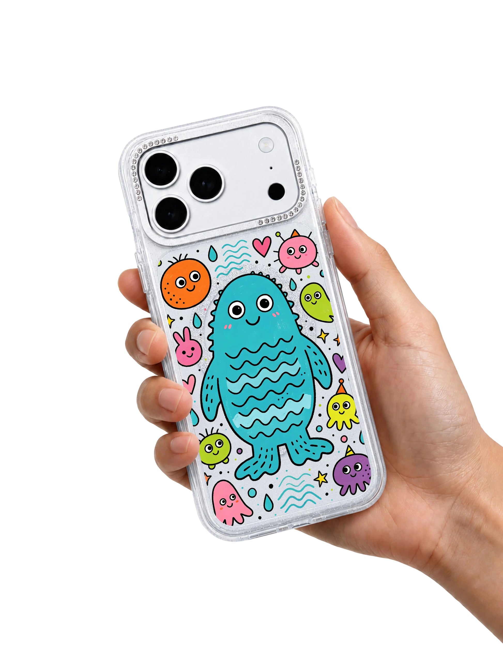 PhoneCasing character macro shot of the gentle wide-eyed tide host monster from the seaside series on Tide Host Blue Sea Monster iPhone 17 Pro Max case, Milo Popkins signature playful doodle aesthetic on the iPhone 17 Pro Max casing