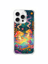 PhoneCasing iPhone 16 pro max Case, layered composition collectible casing with tiered varying-size glowing spotted mushrooms amid thick daisy bushes along enchanted hot spring edge, premium US crafted art iPhone 16 pro max casing.
