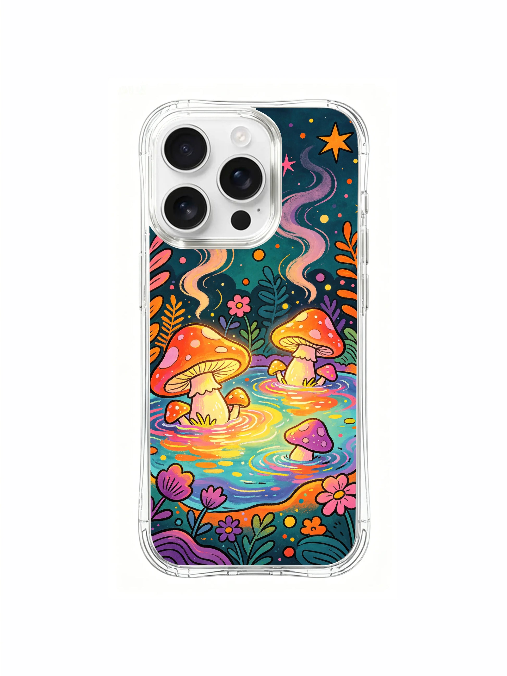 PhoneCasing iPhone 16 pro max Case, layered composition collectible casing with tiered varying-size glowing spotted mushrooms amid thick daisy bushes along enchanted hot spring edge, premium US crafted art iPhone 16 pro max casing.