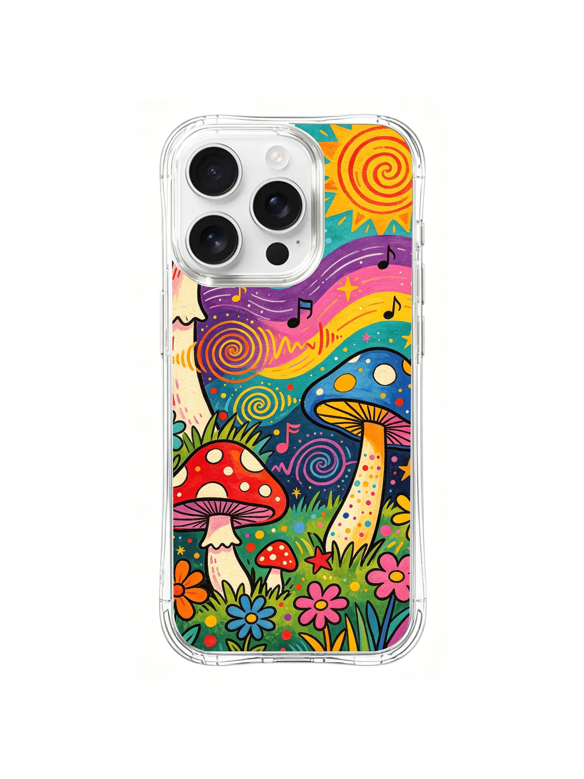 PhoneCasing iPhone 16 pro max Case, layered composition collectible casing with tiered varying-size spotted mushrooms amid thick daisy bushes along melodic meadow edge, premium US crafted art iPhone 16 pro max casing.