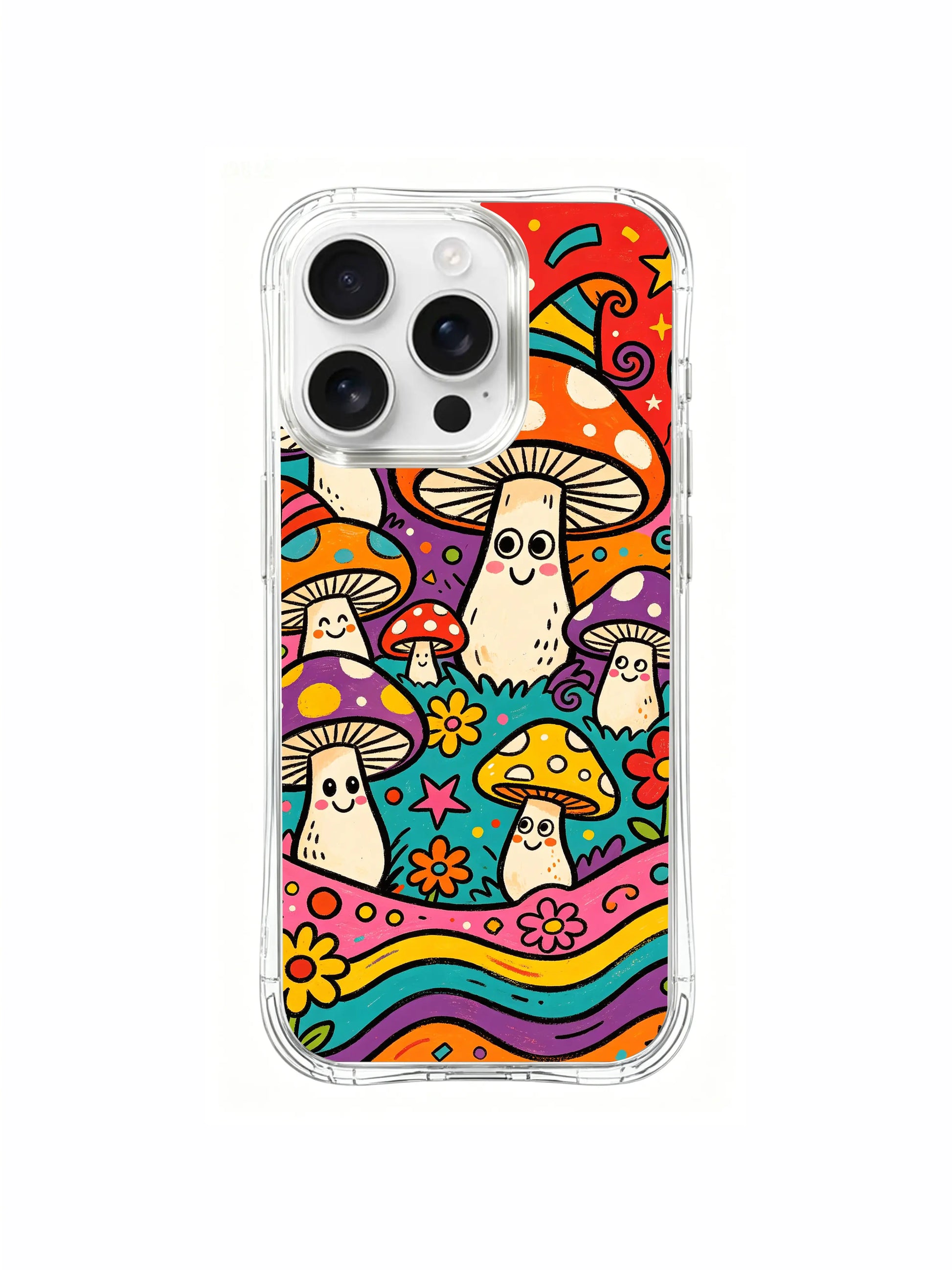PhoneCasing iPhone 16 pro max Case, layered composition collectible casing with tiered varying-height polka-dot clown mushrooms amid thick daisy bushes along meadow parade route, premium US crafted art iPhone 16 pro max casing.
