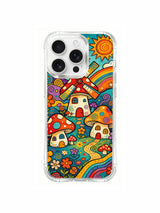 PhoneCasing iPhone 16 pro max Case, layered composition collectible casing with graded-height windmill mushroom cottages nestled within thick daisy thicket along enchanted village ridgeline, premium US crafted art iPhone 16 pro max casing for art collectors.