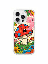 Tiered small mushrooms around the singer artwork on an iPhone 16 Pro Max case