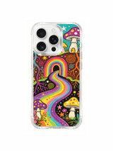 Tiered mushroom cottages on a hillside artwork on an iPhone 16 Pro Max case