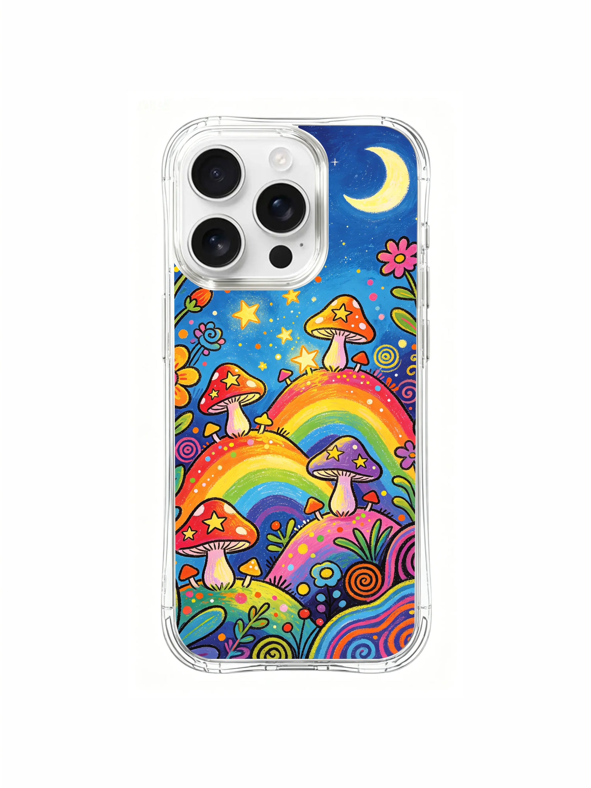 PhoneCasing iPhone 16 pro max Case, layered composition collectible casing with graded-height star-collector mushrooms tucked inside thick daisy thicket along enchanted hill ridgeline, premium US crafted art iPhone 16 pro max casing for art collectors.