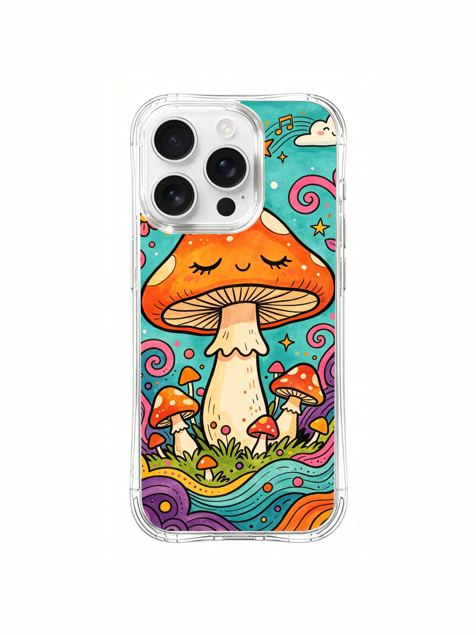 PhoneCasing iPhone 16 pro max Case, layered tiered assorted-size mushroom crew surrounding napping giant orange fungi along top picture edge, luxury California-made collectible art casing