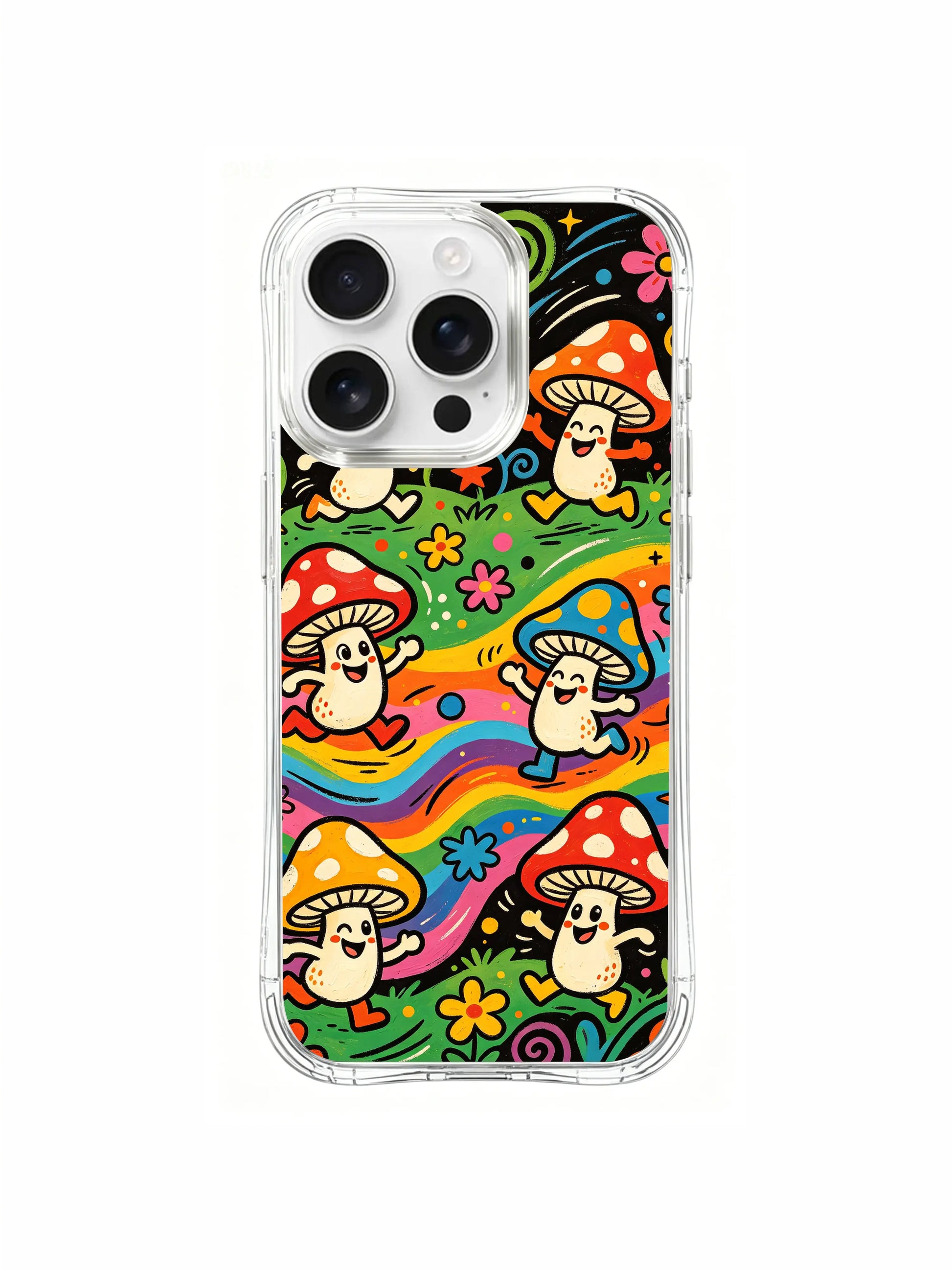 PhoneCasing iPhone 16 pro max Case, layered tiered mushroom crew lining top picture edge with mixed cap sizes while dancing in formation, luxury California-made collectible art casing