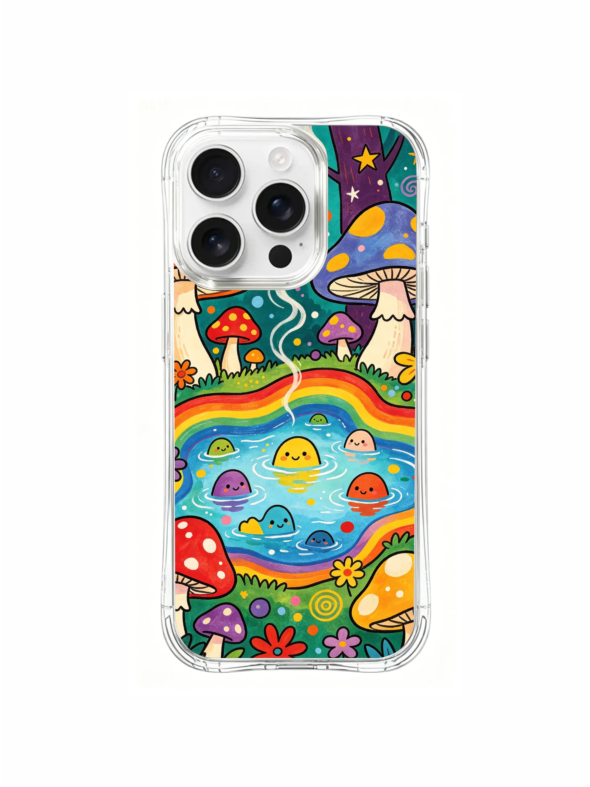 PhoneCasing iPhone 16 pro max Case, layered tiered assorted-size spotted mushroom crew encircling rainbow pond, luxury California-made collectible art casing