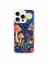 PhoneCasing iPhone 16 pro max Case, layered tiered assorted-size glowing mushroom crew lining bottom picture edge while rooted in midnight fantasy terrain, luxury California-made collectible art casing