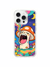 PhoneCasing iPhone 16 pro max Case, layered tiered assorted-height spotted sleepy mushroom stacks growing amid tiered wildflower blooms across sloped woodland ground, luxury California-made collectible art casing.