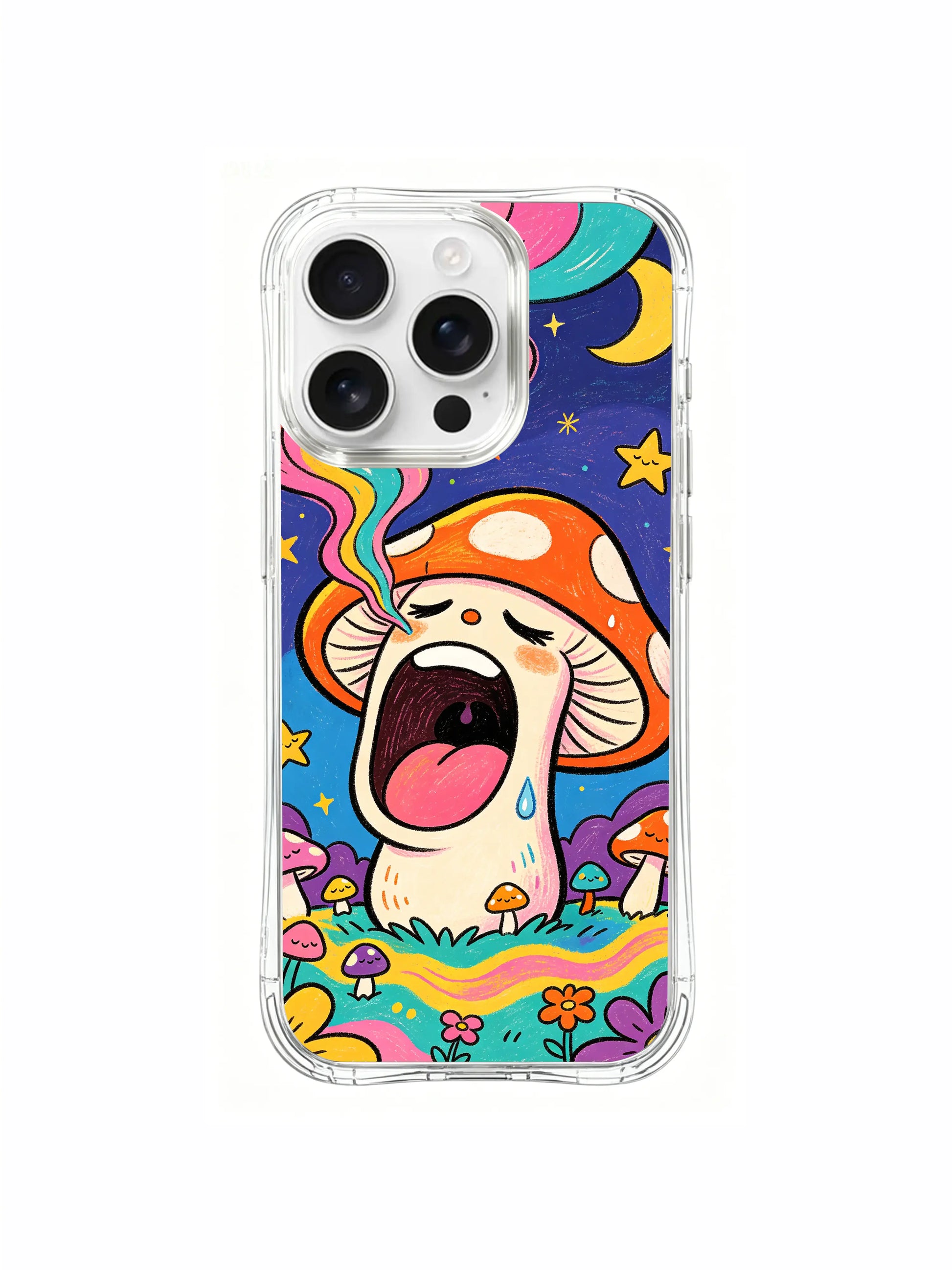 PhoneCasing iPhone 16 pro max Case, layered tiered assorted-height spotted sleepy mushroom stacks growing amid tiered wildflower blooms across sloped woodland ground, luxury California-made collectible art casing.