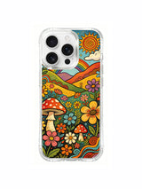 Tiered spotted mushrooms on a flowered hillside artwork on an iPhone 16 Pro Max case