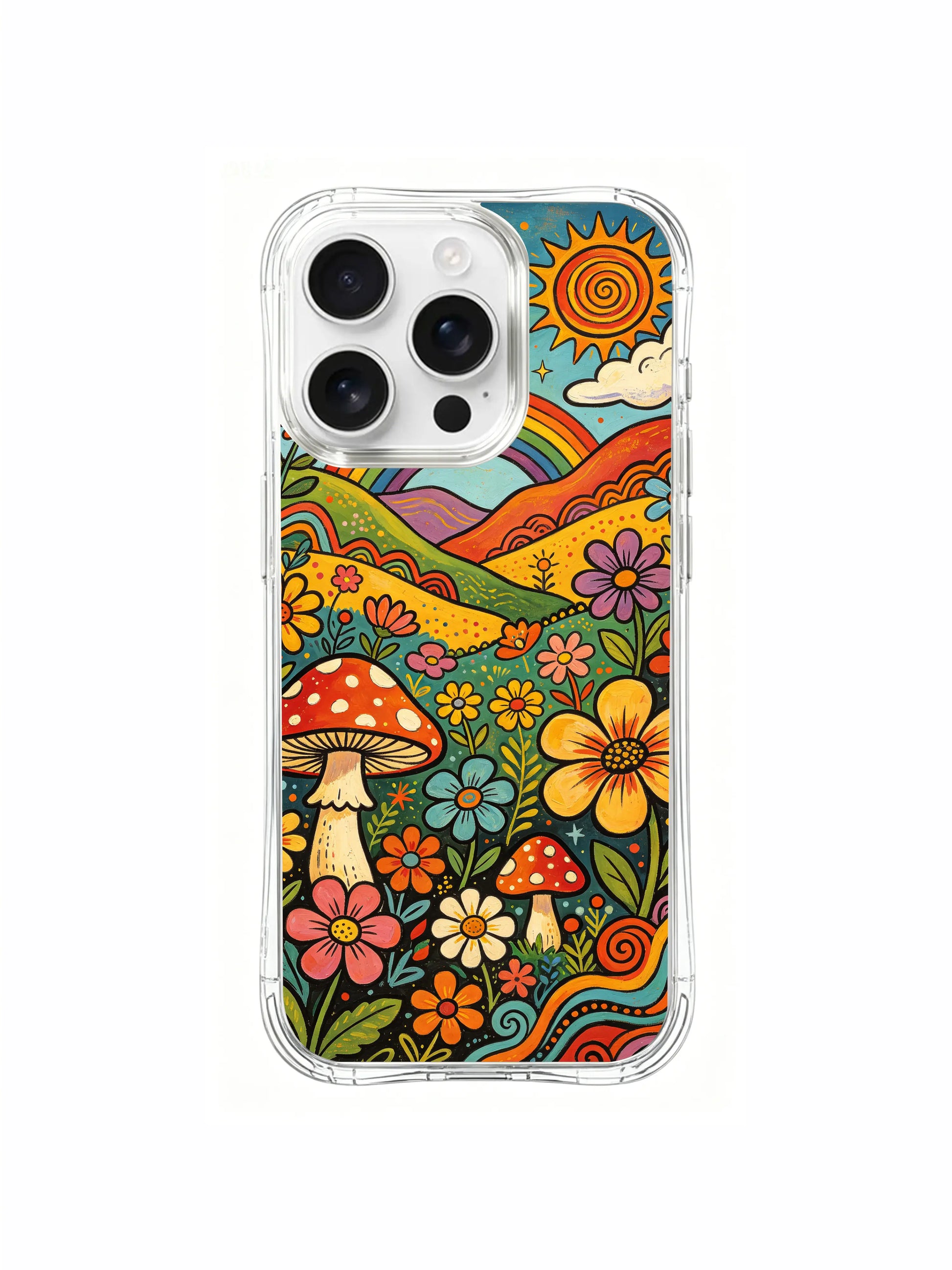 PhoneCasing iPhone 16 pro max Case, layered tiered assorted-height spotted mushroom stacks growing amid tiered wildflower blooms across sloped valley ground, luxury California-made collectible art casing
