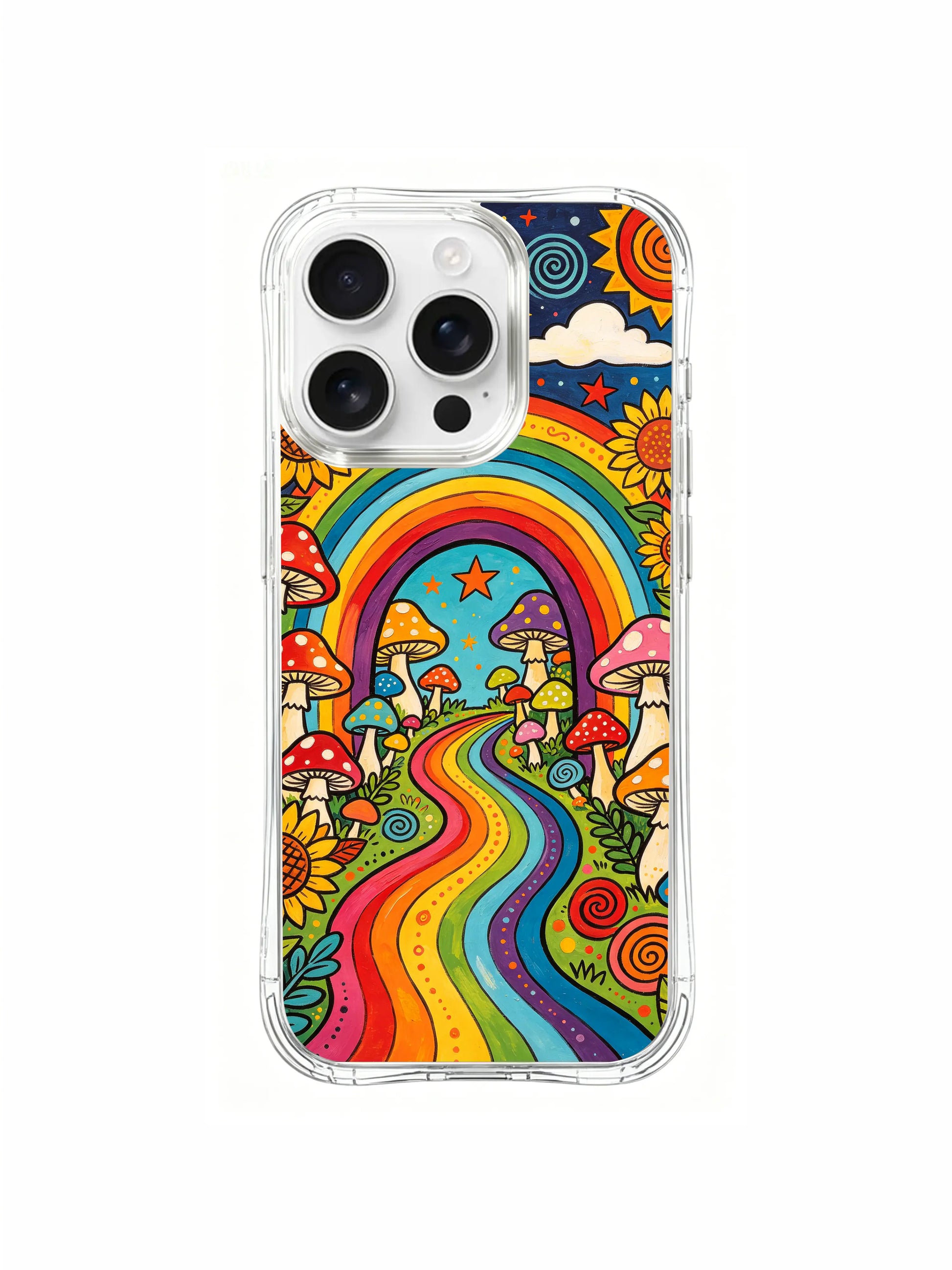 PhoneCasing iPhone 16 pro max Case, layered composition collectible casing with tiered varying-height spotted amanita mushrooms stacked amid thick sunflower bushes on sloped meadow leading to rainbow trail, premium US crafted art iPhone 16 pro max casing.