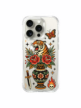 PhoneCasing iPhone 15 pro Case right-profile roaring tiger, dual oversized roses, right-side dagger and paired fiery skulls, trendy fashion art iPhone 15 pro casing for female shoppers.