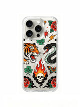 Tiger and serpent duel with red roses, flame, lightning, clover and skull artwork on an iPhone 15 Pro case