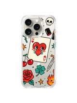 PhoneCasing iPhone 15 pro Case with tilted weeping queen heart card, side dagger, small cherry and bottom skull layout, scratch-resistant made-in-California art iPhone 15 pro casing.