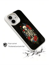 PhoneCasing Time’s Quiet Answer goth iPhone 16 Case, dark academia full torso skeleton illustration encircled by dense wildflower arrangement, four-corner anti-drop reinforced casing USA-made