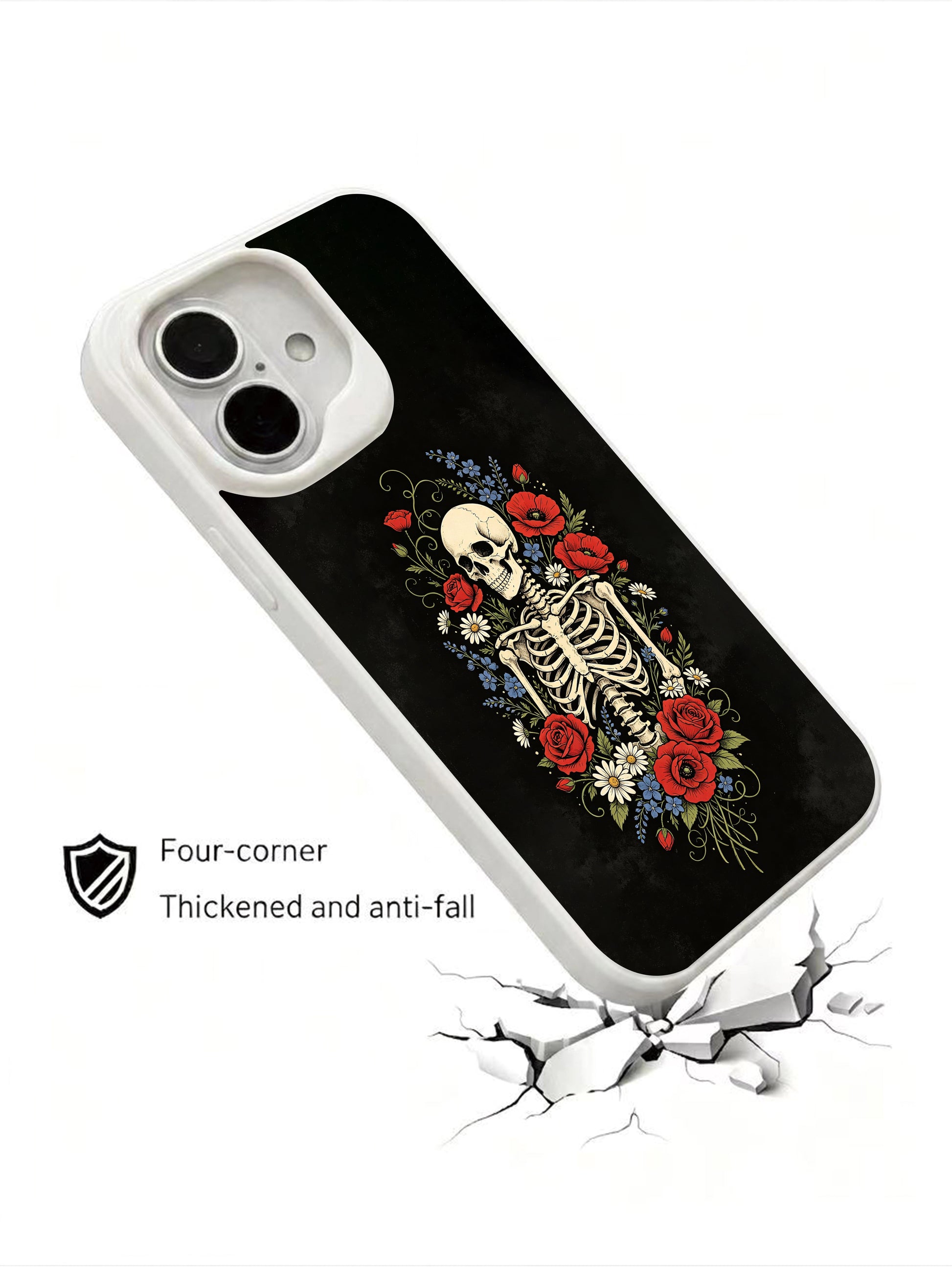 PhoneCasing Time’s Quiet Answer goth iPhone 16 Case, dark academia full torso skeleton illustration encircled by dense wildflower arrangement, four-corner anti-drop reinforced casing USA-made