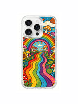 PhoneCasing iPhone 16 pro max Case, classic 70s crayon folk art casing showcasing delicate small flower vines wrapping mushroom stems alongside curving rainbow trail, mixed agaric mushrooms populate meadow floor, limited-run premium art accessory casing.