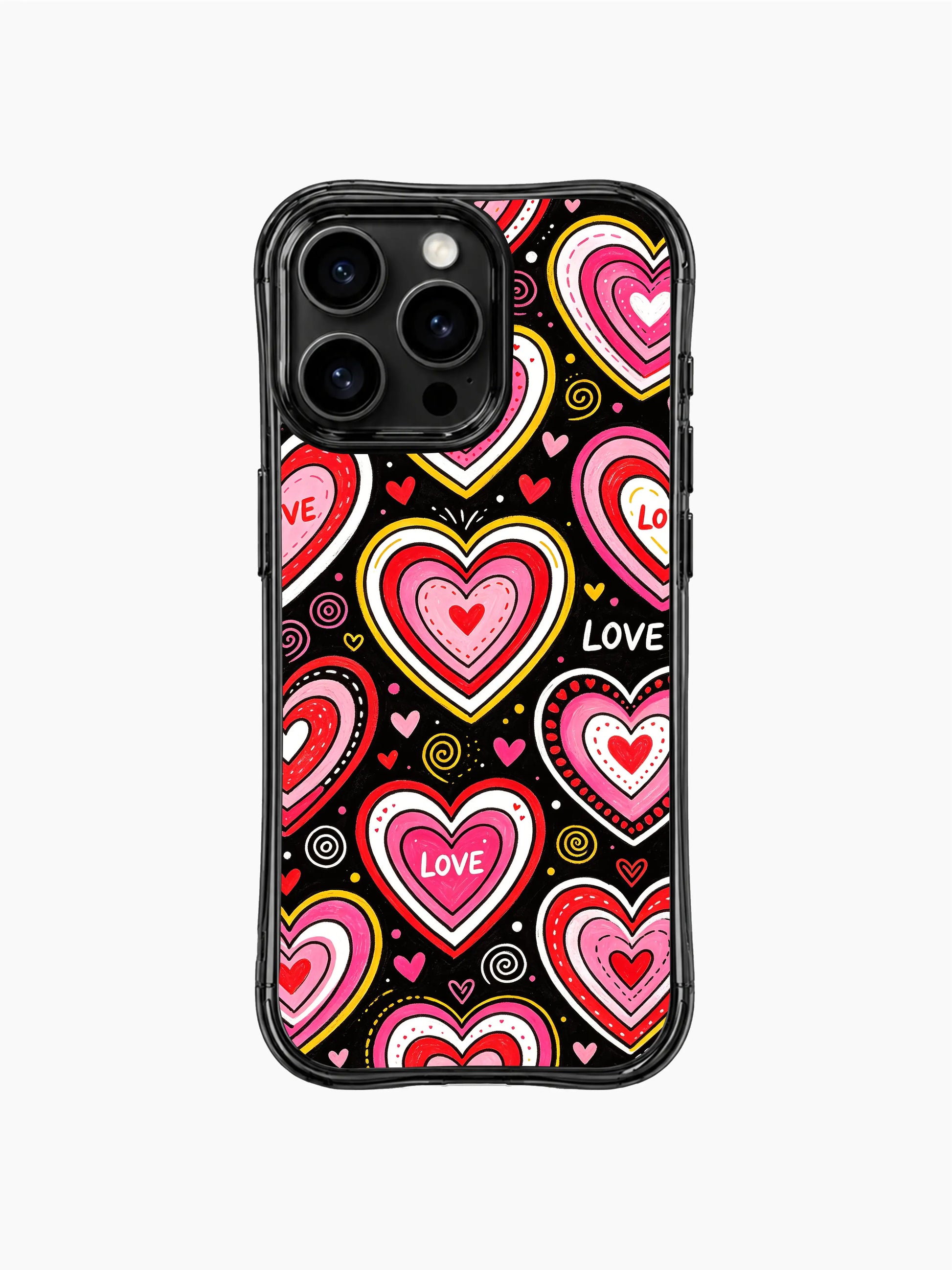 PhoneCasing iPhone 13 Pro Max casing abundant micro mini heart confetti, thin spiral swirl lines and dot sprinkles filling gaps between large layered candy hearts, sugary upbeat sweet love vibe phone case.