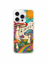 Flower vines and musical notes around fungi artwork on an iPhone 16 Pro Max case