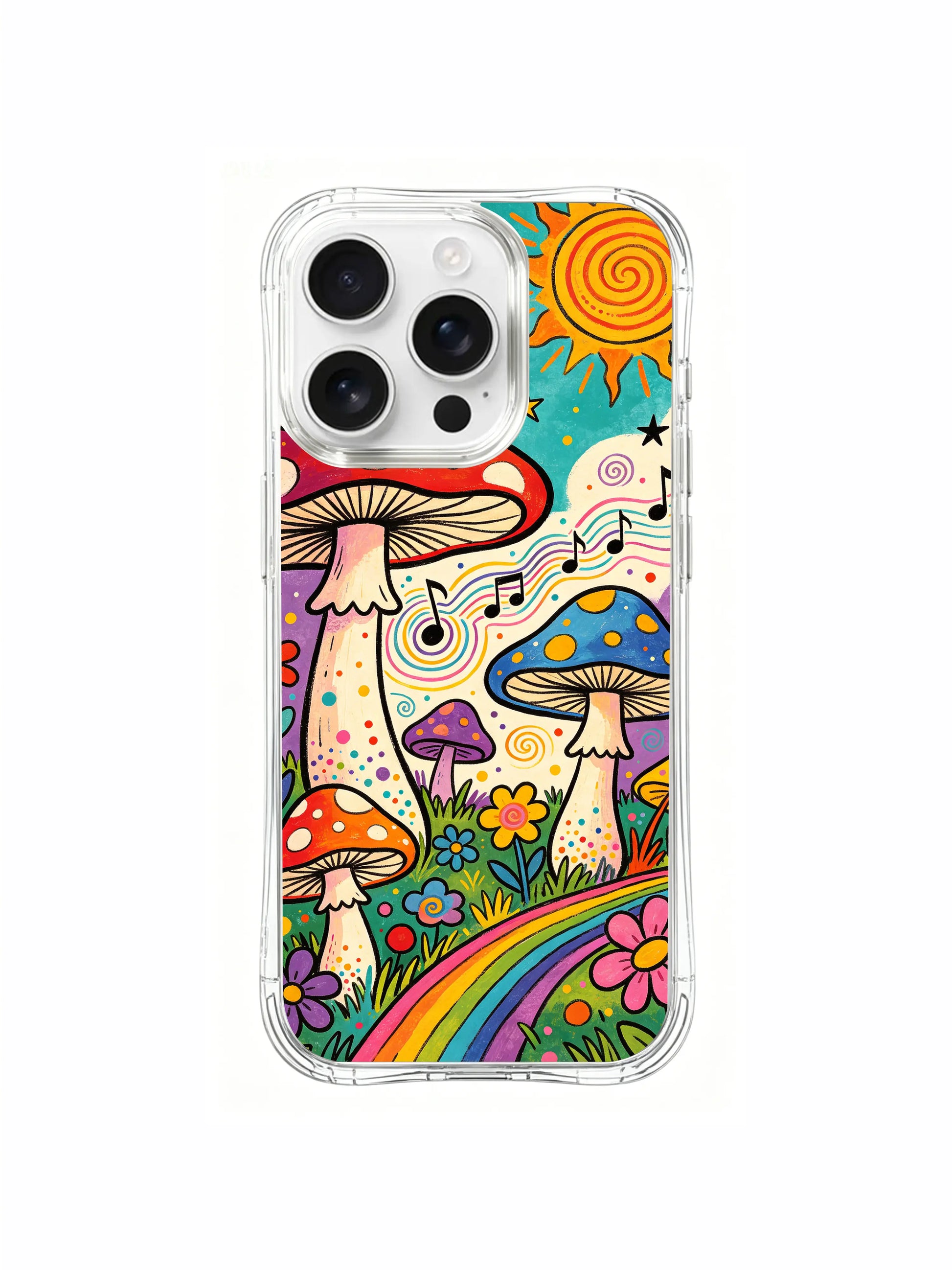 PhoneCasing iPhone 16 pro max Case, vintage crayon folk art casing showcasing delicate flower vines wrapping mushroom stalks, loose floating quaver notes drift above canopy, limited-run premium art accessory casing.