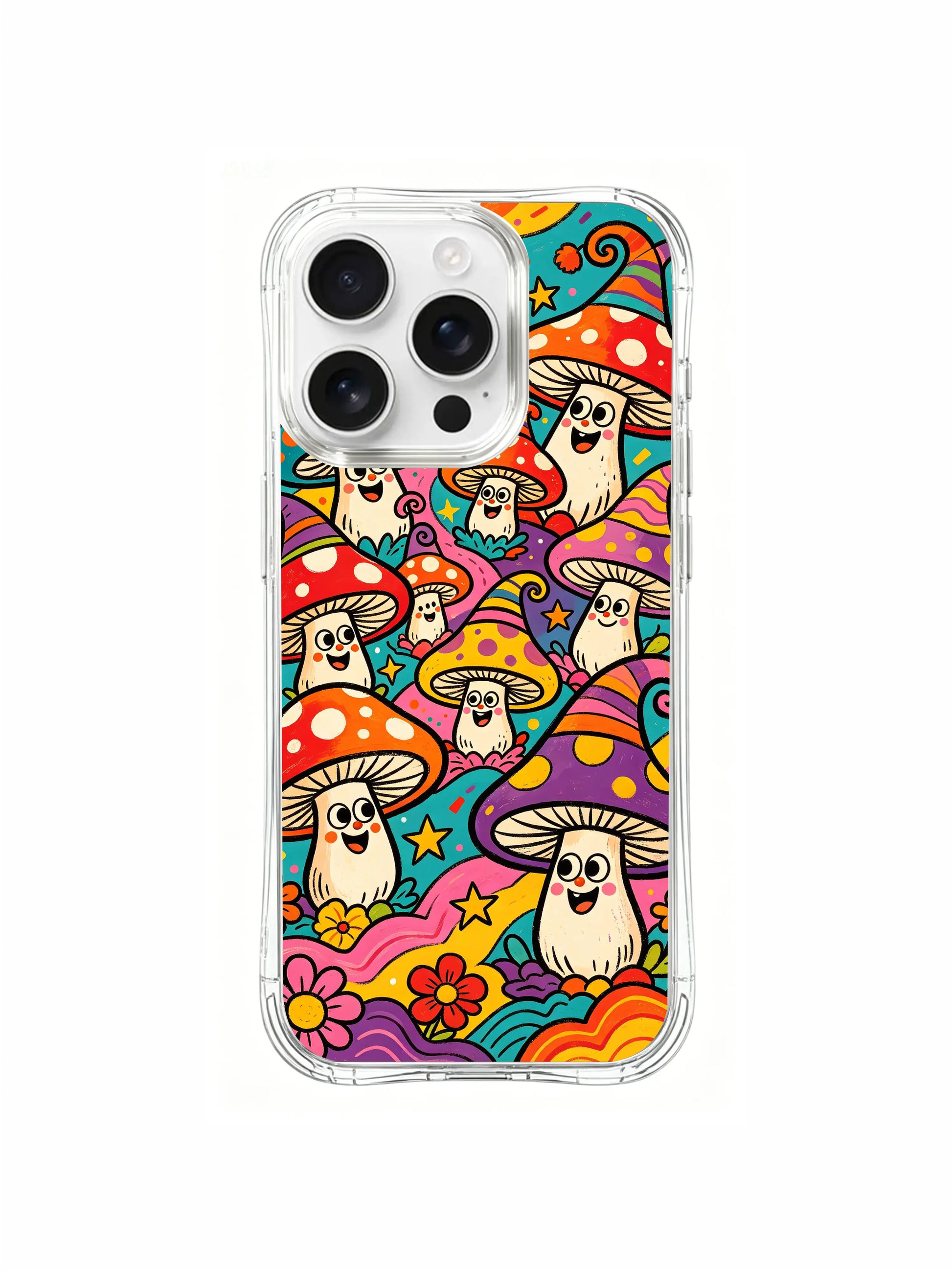 PhoneCasing iPhone 16 pro max Case, classic retro crayon folk art casing showcasing delicate flower vines winding around mushroom stalks, each clown fungi designed with unique polka-dot caps and joyful grins, limited-run premium art accessory casing.