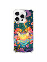 PhoneCasing iPhone 16 pro max Case, classic retro crayon folk art casing showcasing delicate flower vines winding along hot spring bank, thin wispy mist drifts upward from glowing mushroom caps, limited-run premium art accessory casing.