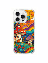 PhoneCasing iPhone 16 pro max Case, vintage folk doodle art casing displaying delicate flower vines curling along village hillside borders, dotted spiral star decor scattered across sky, windmill-topped mushroom farm landscape, limited-run premium art accessory casing.