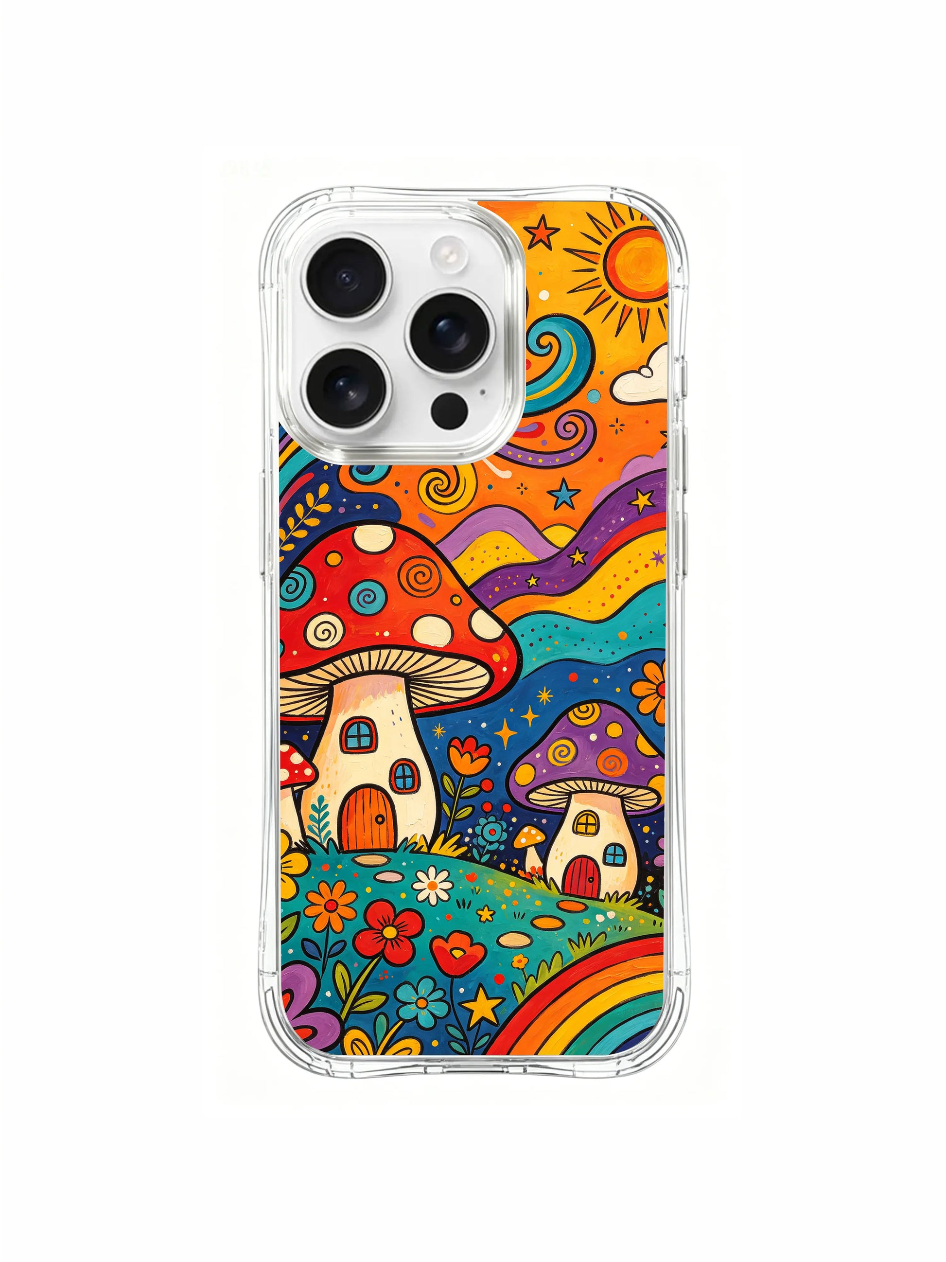 PhoneCasing iPhone 16 pro max Case, vintage folk doodle art casing displaying delicate flower vines curling along village hillside borders, dotted spiral star decor scattered across sky, windmill-topped mushroom farm landscape, limited-run premium art accessory casing.