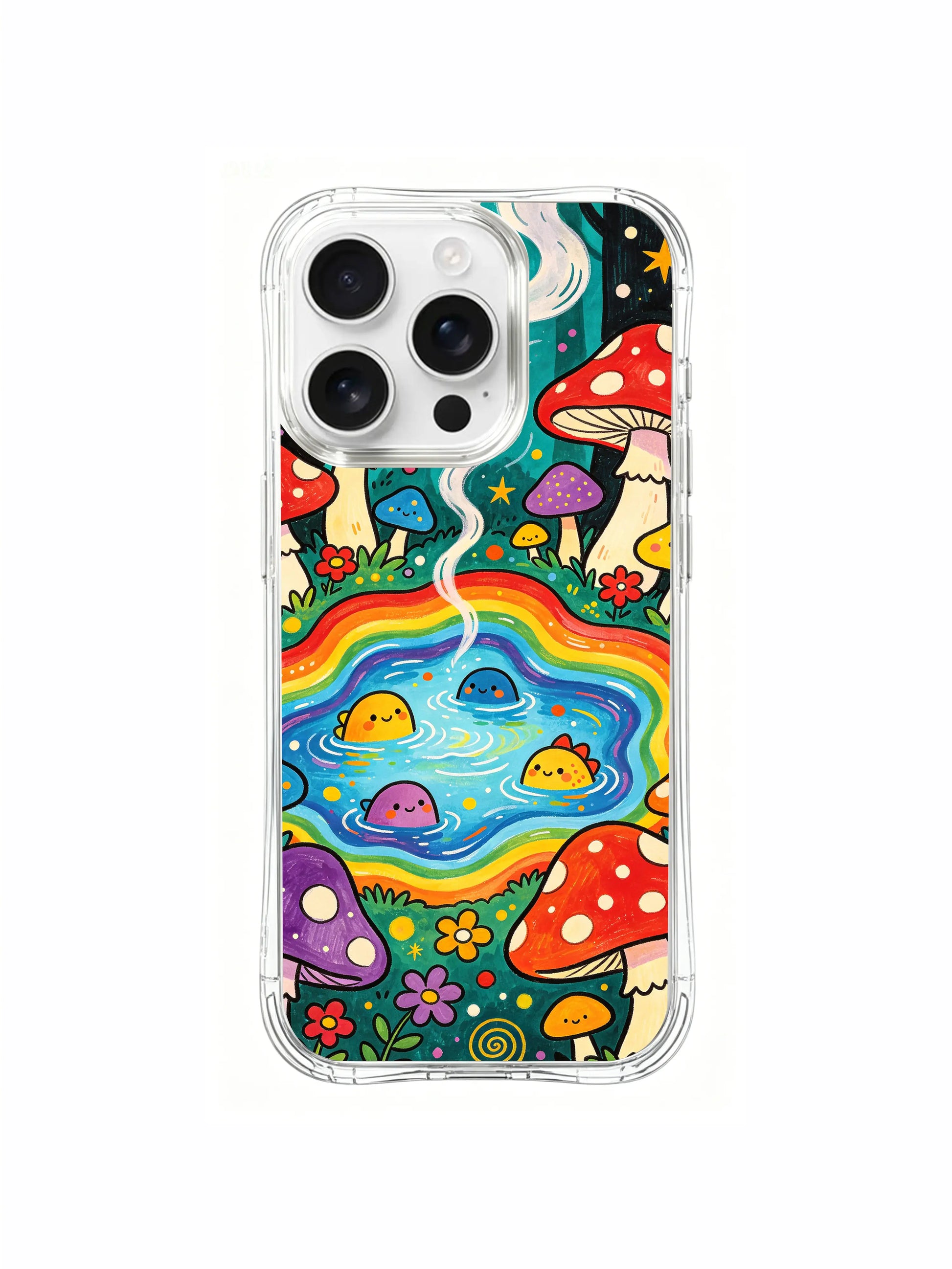 PhoneCasing iPhone 16 pro max Case, unique psychedelic folk art casing showcasing small red spotted fly agaric nestled between tall multihued amanita framing rainbow pond, exclusive Luna Moss limited-run art accessory casing