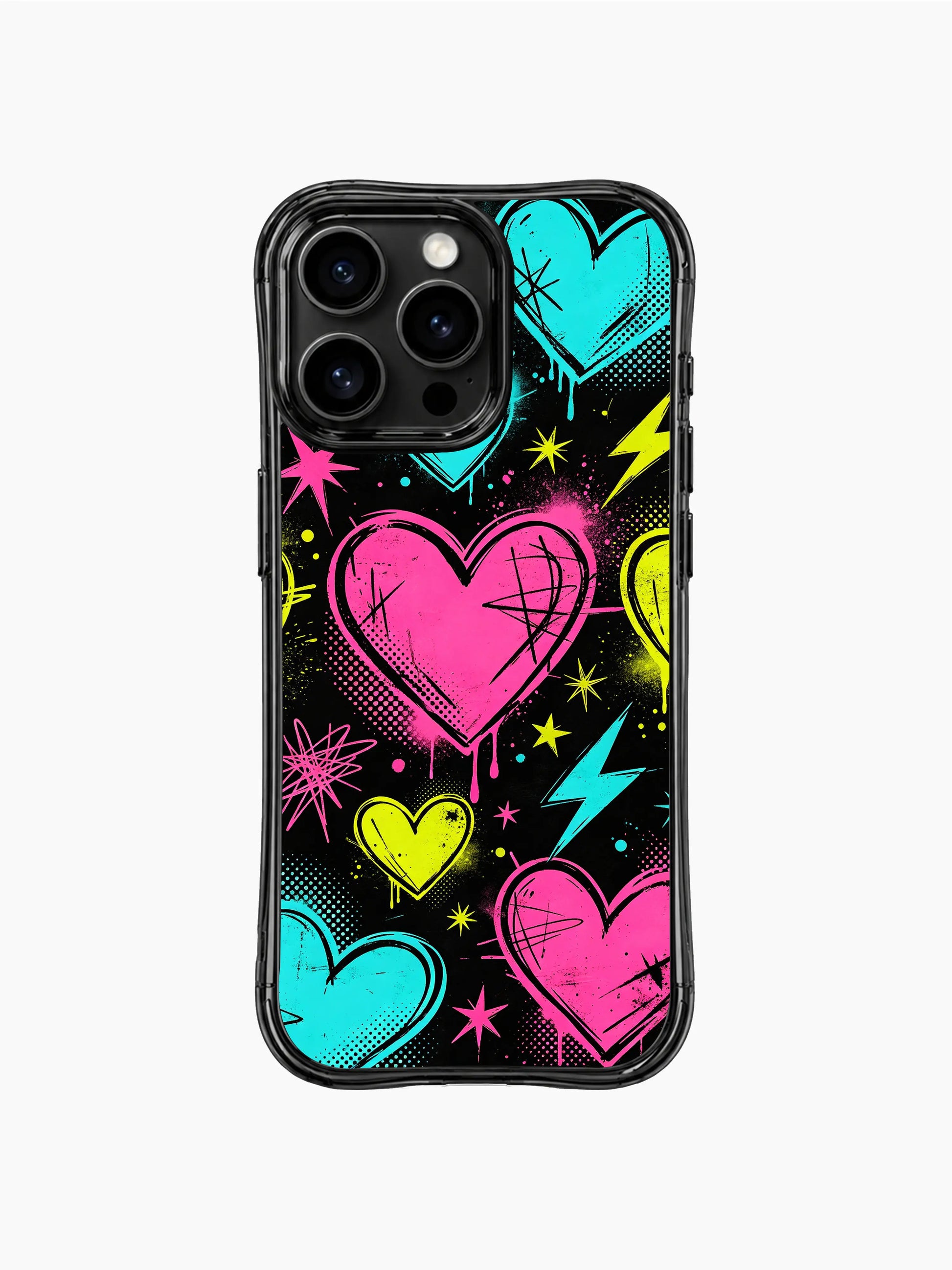 PhoneCasing iPhone 13 Pro Max casing mini paint splat, sketch star and lightning embellishments surround neon punk hearts, youthful edgy phone case.
