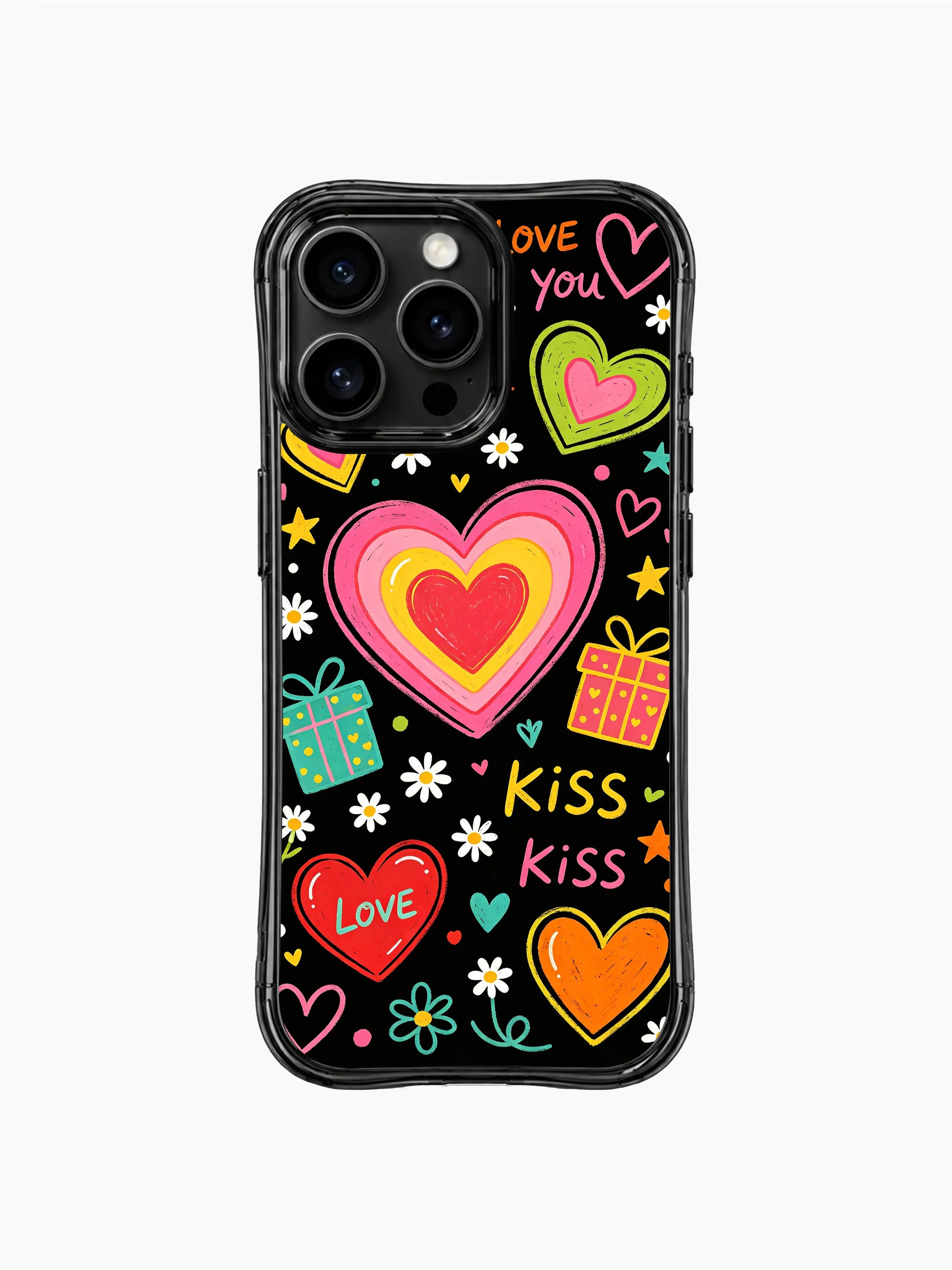 PhoneCasing iPhone 13 Pro Max casing mini star, dot and spiral embellishments surround hand lettered love text & rainbow hearts, carefree youthful crush aesthetic phone case.