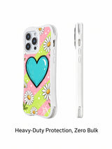 PhoneCasing iPhone 16 pro Case with subtle tiny crisp white polka dots and naturally scattered outlined white daisy blooms surrounding the central glossy cyan sketch heart over pastel stripe layout, part of Ruby Daze collection, UV-printed wavy art casing.