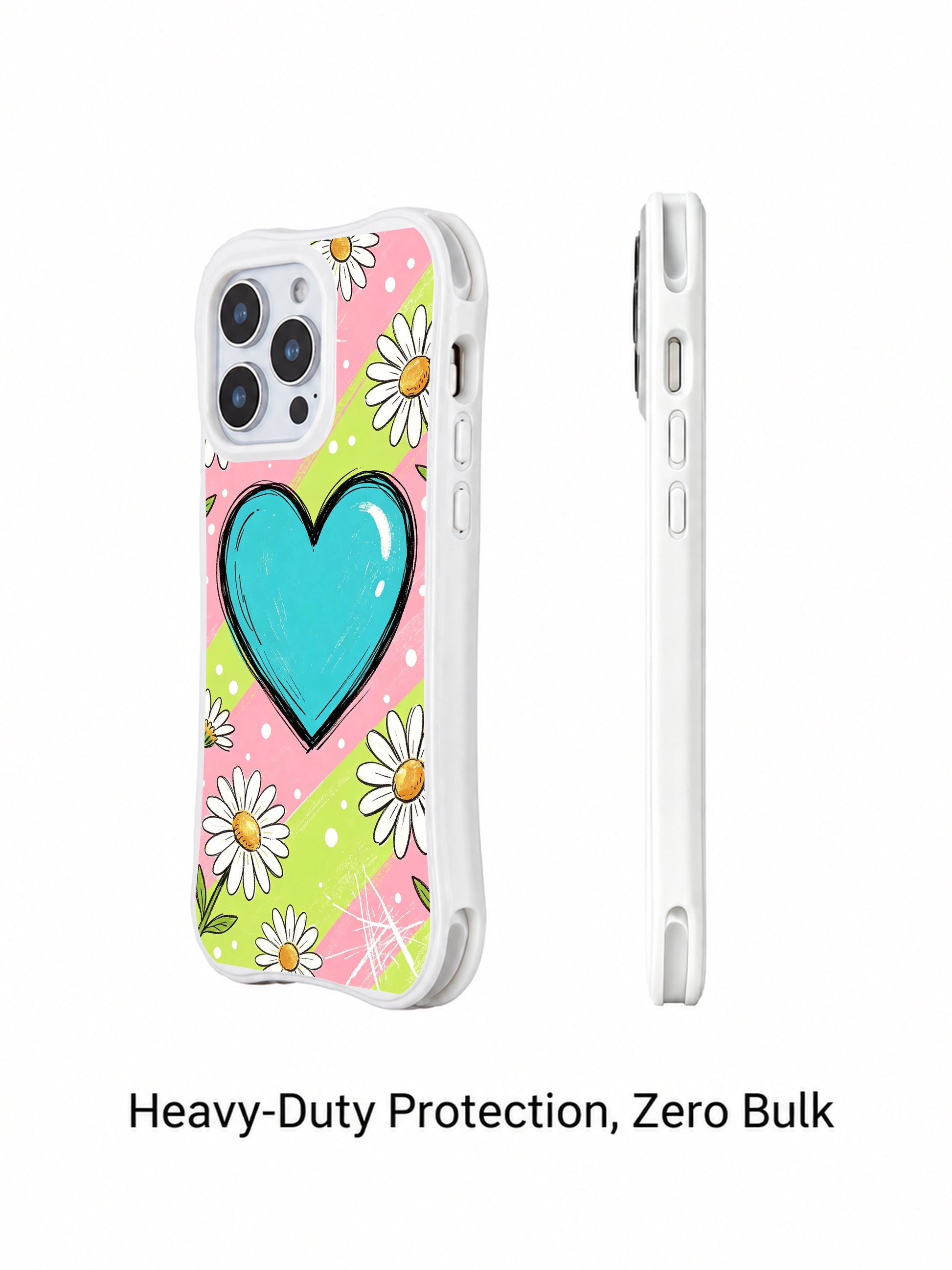 PhoneCasing iPhone 16 pro Case with subtle tiny crisp white polka dots and naturally scattered outlined white daisy blooms surrounding the central glossy cyan sketch heart over pastel stripe layout, part of Ruby Daze collection, fade resistant wavy art casing.