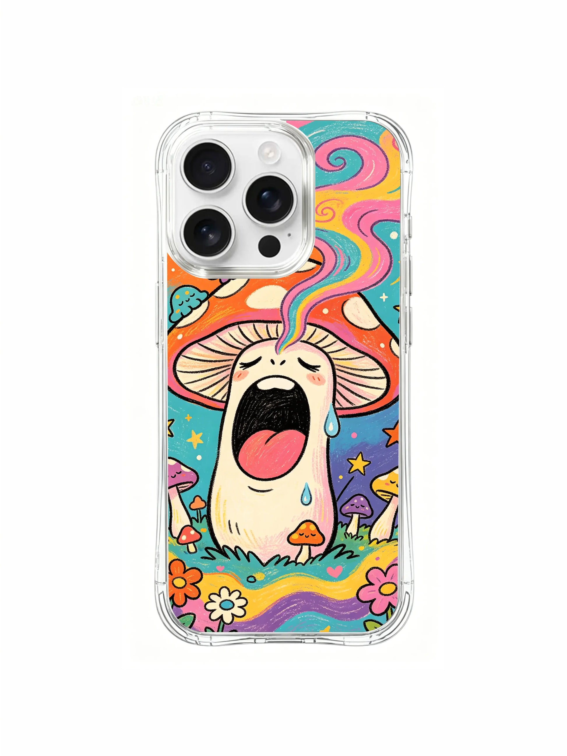 PhoneCasing iPhone 16 pro max Case, unique psychedelic folk art casing showcasing delicate small flower buds twining around tired giant amanita’s base where sleepy fungi cluster closely, exclusive Luna Moss limited-run art accessory casing.