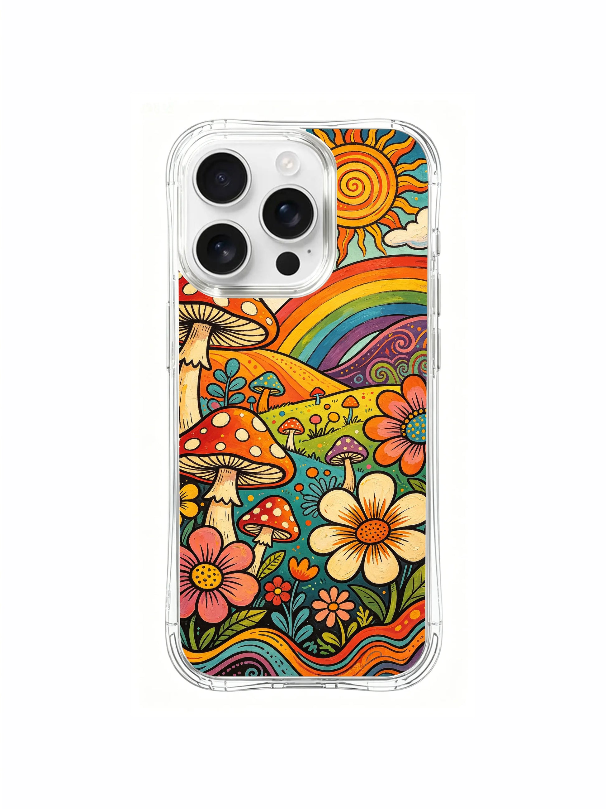 PhoneCasing iPhone 16 pro max Case, unique psychedelic folk art casing showcasing delicate small flower buds twining around thick amanita stalks where stem and petal organically blend, exclusive Luna Moss limited-run art accessory casing