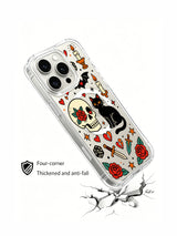 Black cat with bat, die and sparse stars artwork on an iPhone 15 Pro case