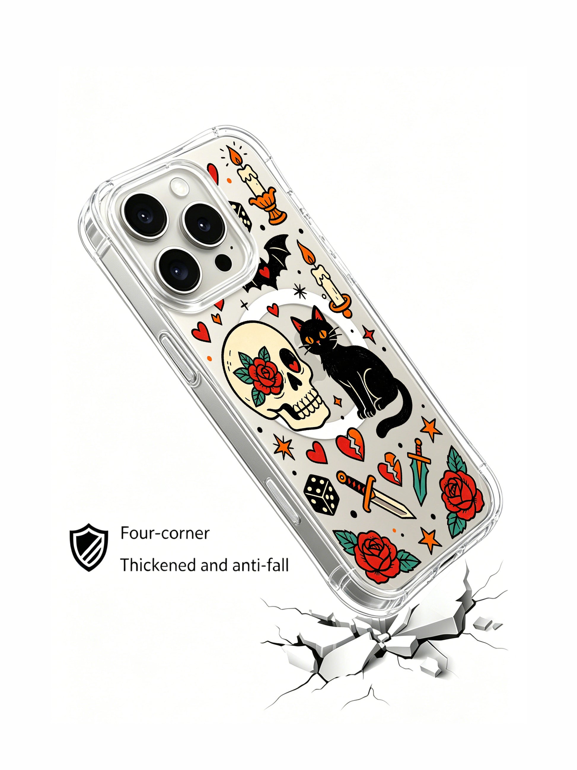 PhoneCasing iPhone 15 pro Case with single top bat graphic, asymmetrical single dice layout, no full skeleton print, sparse star details around black cat, slim anti-yellowing iPhone 15 pro casing with free US domestic shipping.