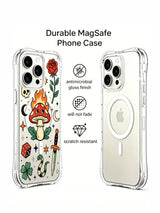 PhoneCasing iPhone 15 pro Case printed with upper colorful butterfly, offset single dagger, cartoon flaming magic mushroom, clover and serpent detail, UV-printed wearable art phone casing ideal as women’s gift.