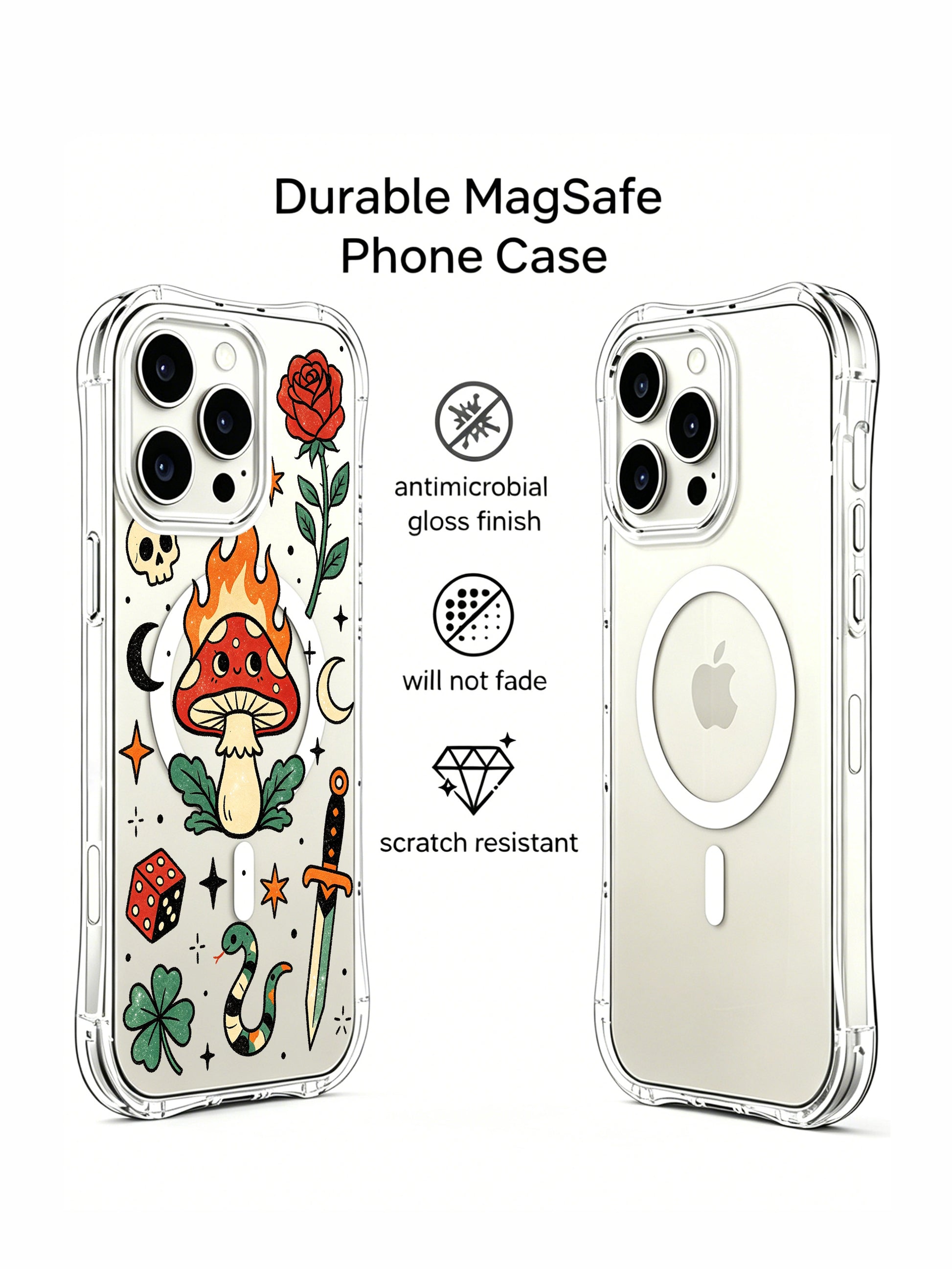 PhoneCasing iPhone 15 pro Case printed with upper colorful butterfly, offset single dagger, cartoon flaming magic mushroom, clover and serpent detail, fade-proof wearable art phone casing ideal as women’s gift.