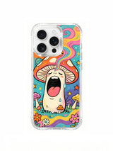 PhoneCasing iPhone 16 pro max Case, limited Luna Moss artist collab fine art casing featuring sleepy red spotted fly agaric yawning with curling rainbow swirl smoke beside pale crescent moon, tiny star scattered midnight woodland, gallery-grade wearable art made in California for retro psychedelic folk art collectors.
