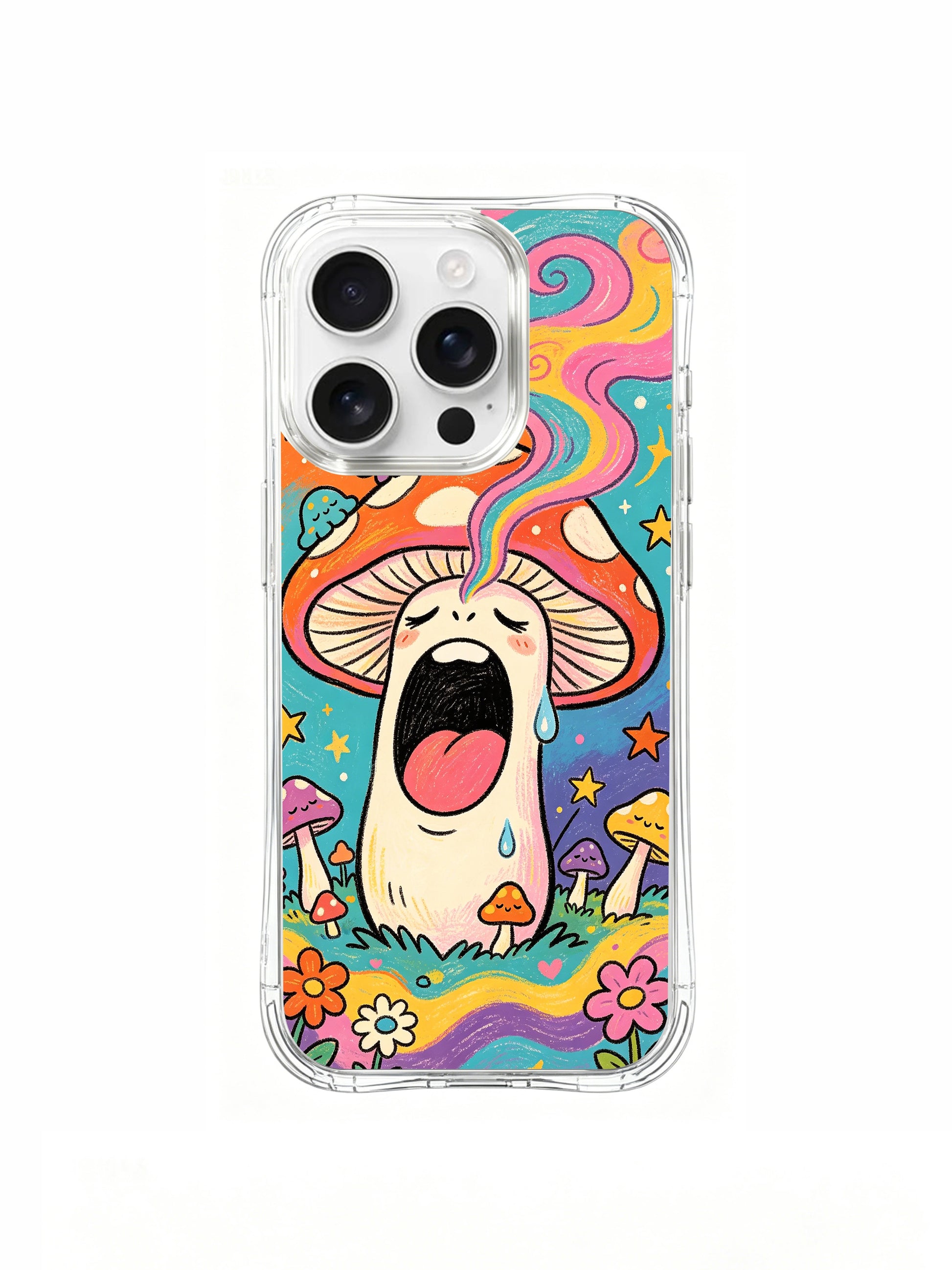 PhoneCasing iPhone 16 pro max Case, limited Luna Moss artist collab fine art casing featuring sleepy red spotted fly agaric yawning with curling rainbow swirl smoke beside pale crescent moon, tiny star scattered midnight woodland, gallery-grade wearable art made in California for retro psychedelic folk art collectors.