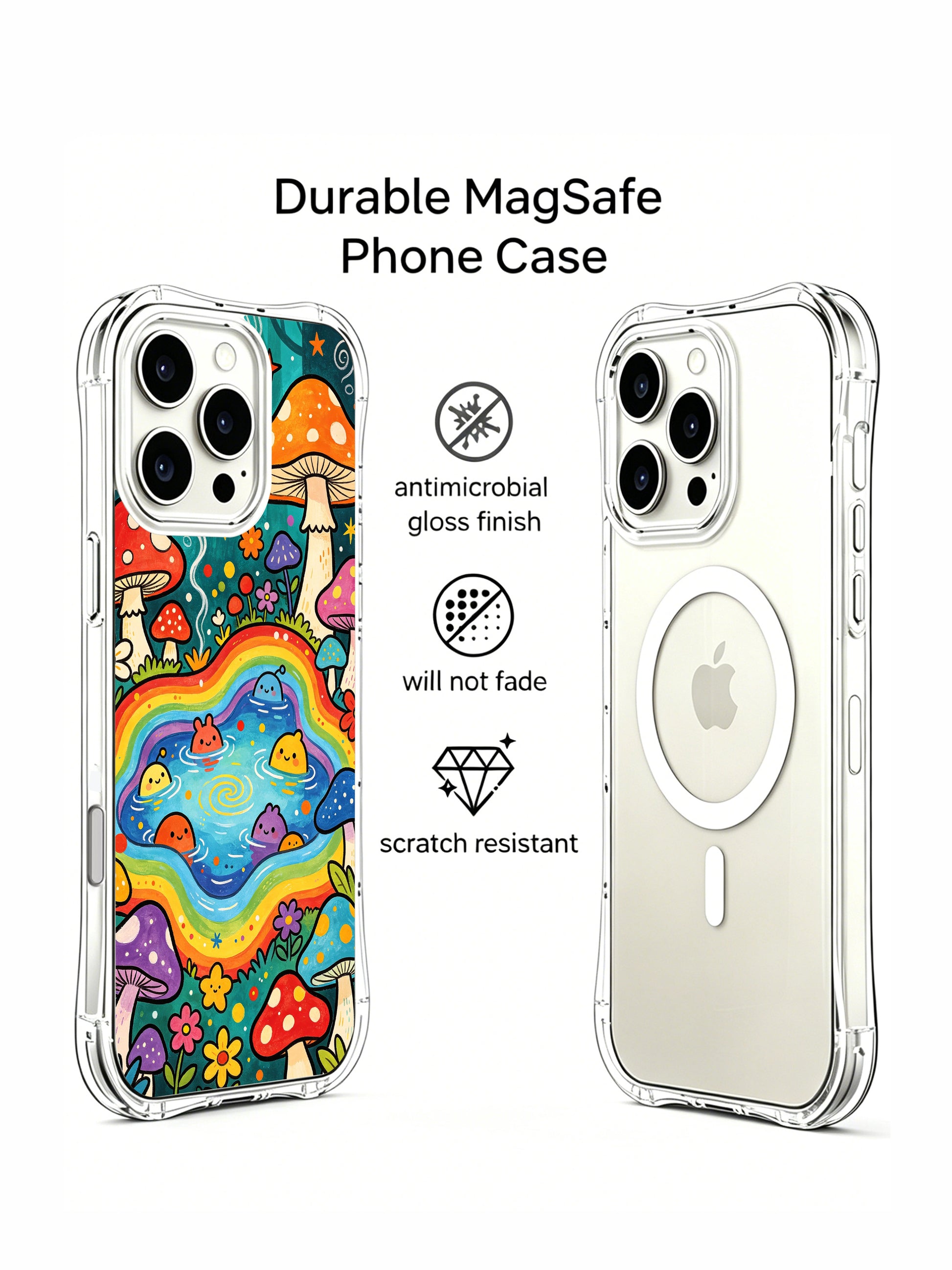 PhoneCasing iPhone 16 pro max Case, scratch-resistant fade-proof fine art casing with scattered golden star specks and soft smoke wisps in upper corner beside multitone amanita cluster, limited-edition premium wearable casing from PhoneCasing’s California factory